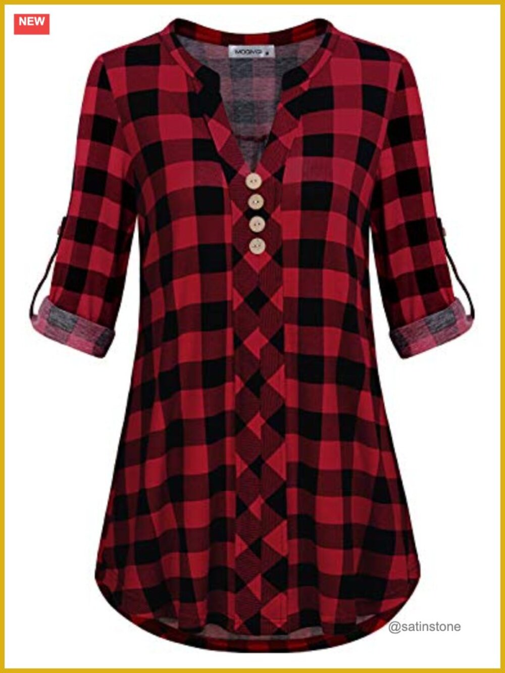 Women's Plaid V-Neck Tunic Blouse Roll Tab Sleeve Button Casual